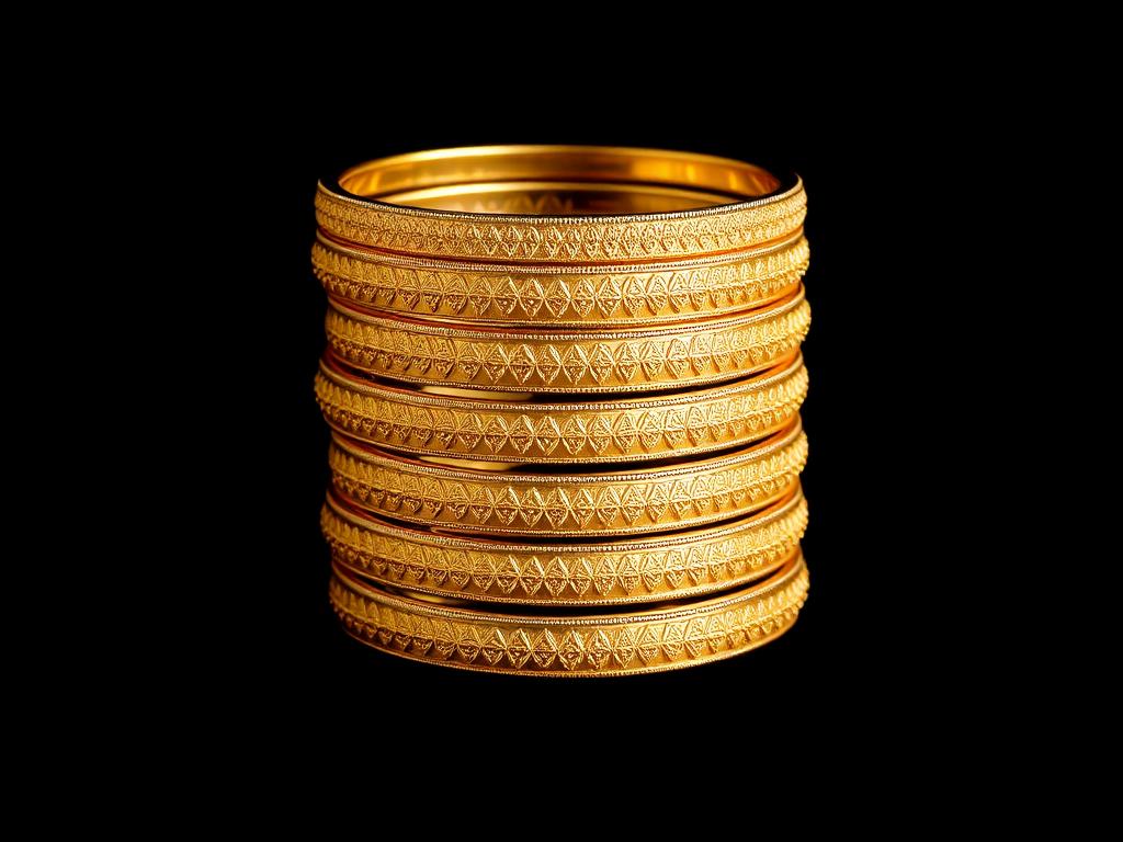 Stack of engraved gold bangles